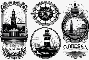 This tattoo depicts the city of Odesa. The main symbols of this city are a ship's wheel, a lighthouse, the Potemkin Stairs, the sea, the Opera House, and the cozy small streets. tattoo idea