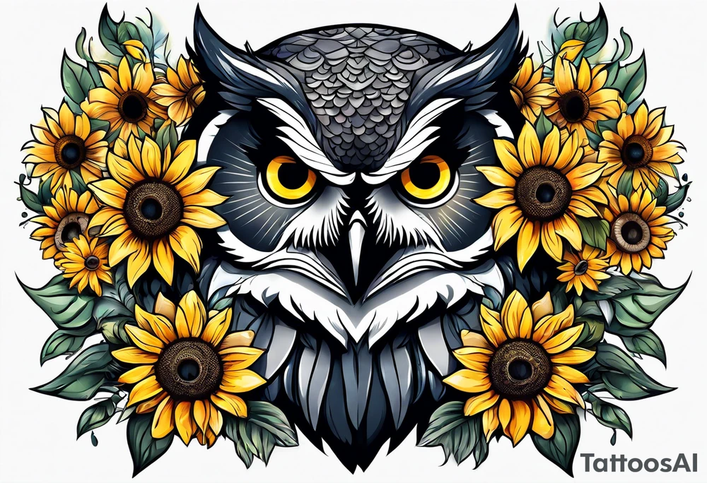 Owl and sunflower sleeve tattoo idea