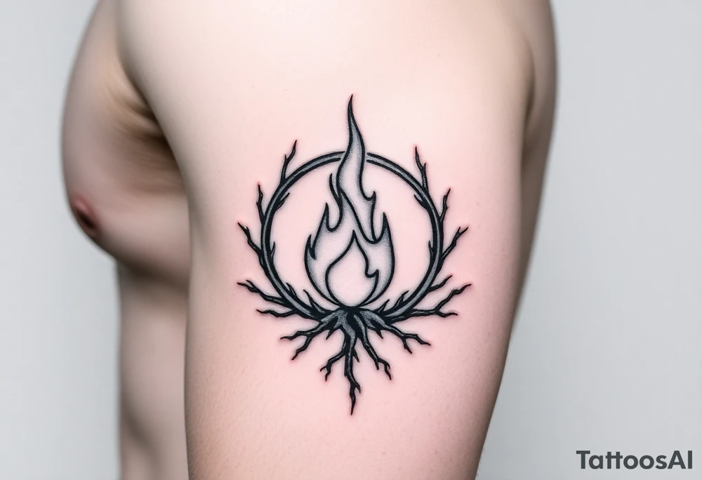 a round flame imprisoned in a roots circle tattoo idea
