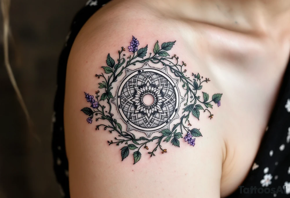 A detailed bicycle gear with intricate teeth, intertwined with vines and small wildflowers, symbolizing strength and connection to nature. The gear would be shaded in metallic silver with pops of green and purple for a fresh look. tattoo idea