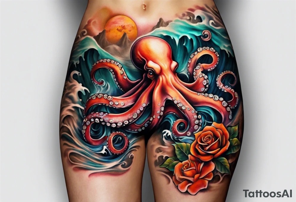 Left thigh tattoo with an octopus in water swirls wrapping around rocks, skulls, a rose, fall colors tattoo idea