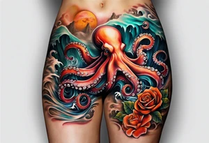 Left thigh tattoo with an octopus in water swirls wrapping around rocks, skulls, a rose, fall colors tattoo idea