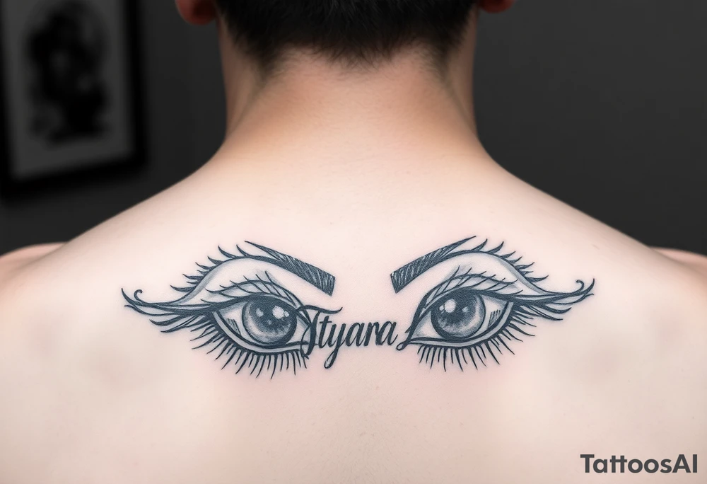 Draw a tattoo of eyes with Tatyana Latre written in fine print tattoo idea