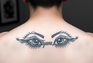 Draw a tattoo of eyes with Tatyana Latre written in fine print tattoo idea