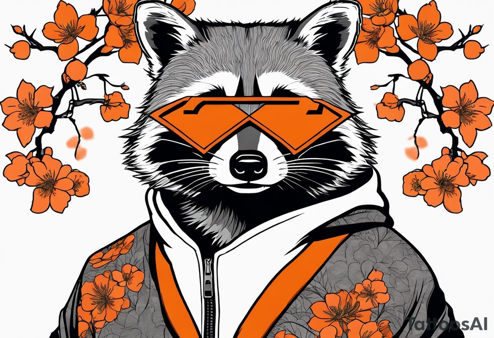 raccoon wearing a Superman hoodie with orange Japanese cherry blossoms tattoo idea