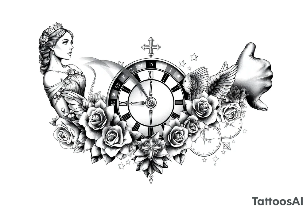 Roulette casino and princess and cross, baby angels, roses and clock and stars and fish, crown tattoo idea