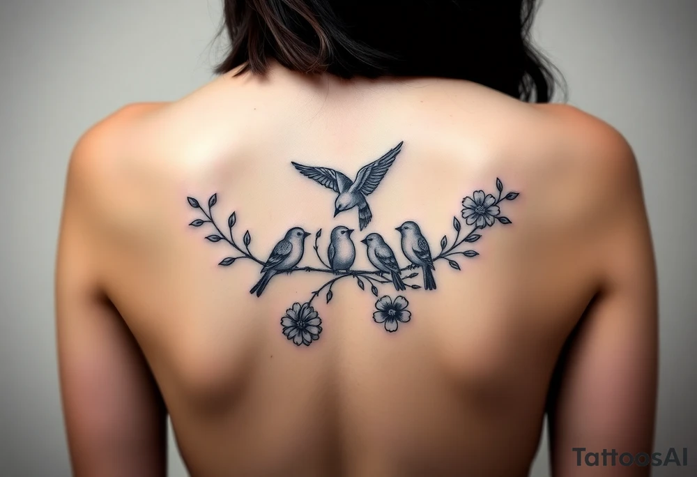 Mom bird and three baby birds with flowers tattoo idea