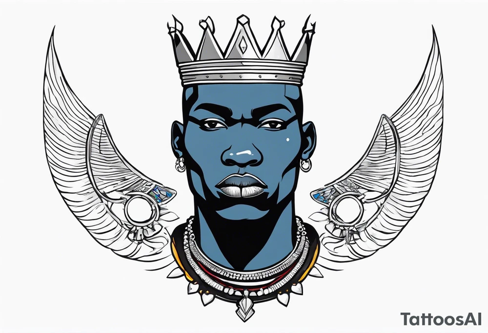 Black-skinned bald african warrior. He wears a simple and small silver crown. He uses two simple necklaces: one blue, other red. He has cowry shells in his crown tattoo idea