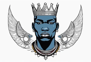 Black-skinned bald african warrior. He wears a simple and small silver crown. He uses two simple necklaces: one blue, other red. He has cowry shells in his crown tattoo idea