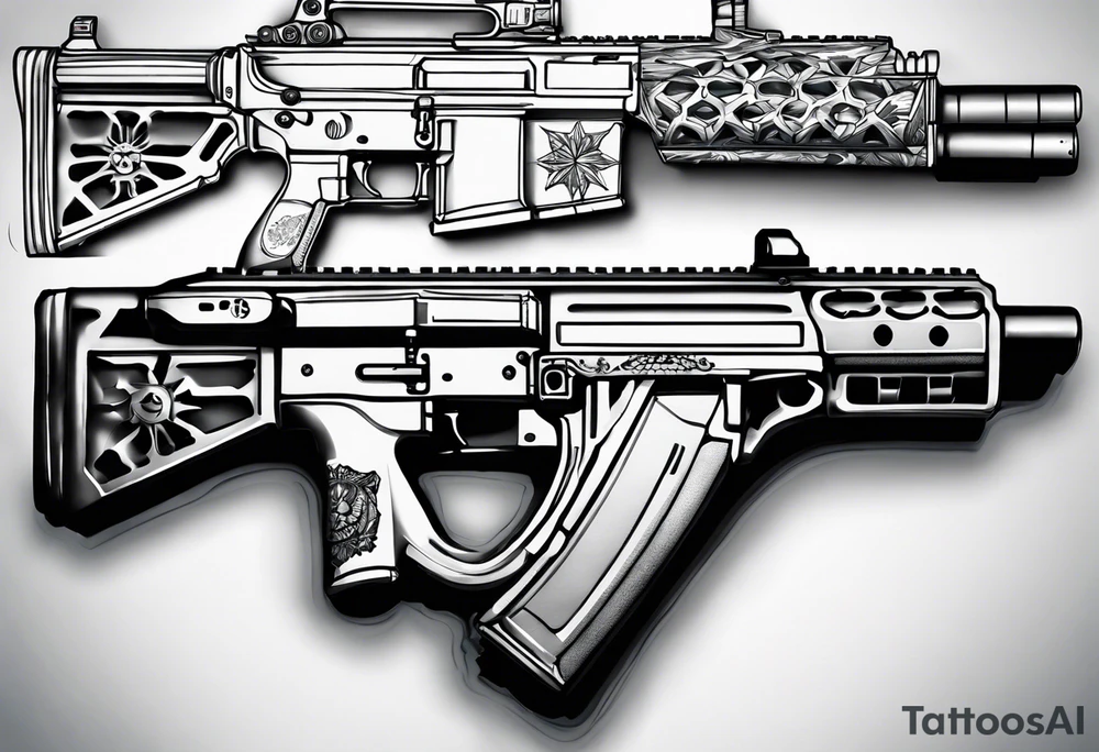 A military tattoo that includes an M4 Carbine rifle, a Beretta M9 pistol designed for the forearm tattoo idea
