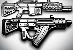 A military tattoo that includes an M4 Carbine rifle, a Beretta M9 pistol designed for the forearm tattoo idea