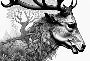 A side profile of a human with a deer skull head, forest fire tattoo idea