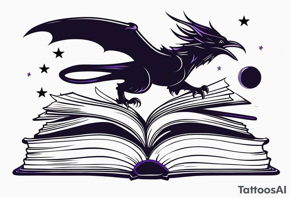 an open fantasy book. a high flying dragon. A pawn piece. a cluster of lavender with a bee under book. A raven. Stars and moon tattoo idea