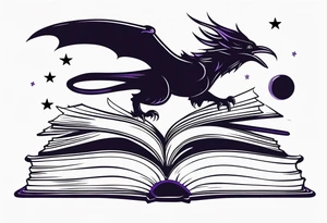 an open fantasy book. a high flying dragon. A pawn piece. a cluster of lavender with a bee under book. A raven. Stars and moon tattoo idea