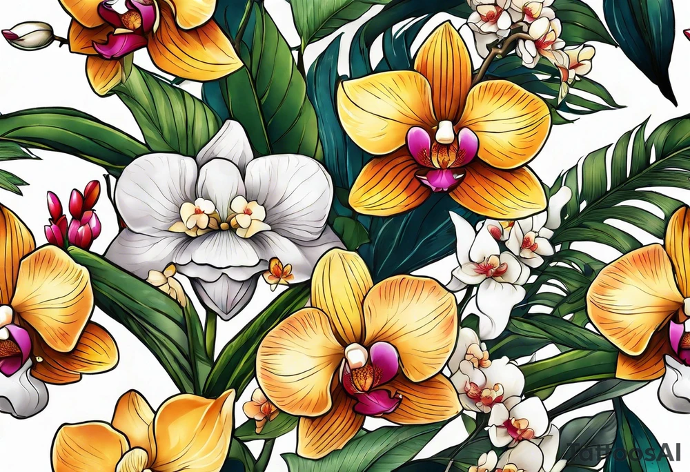 Tropical plants and orchids full sleeve tattoo idea