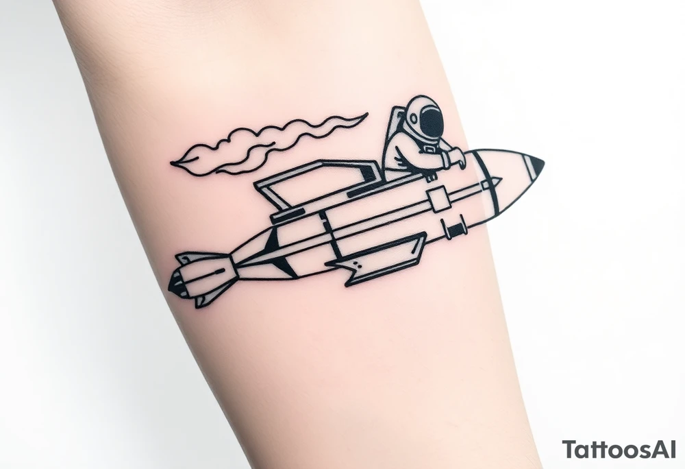Busted Rocket ship with smoke coming out the back with astronaut riding it tattoo idea