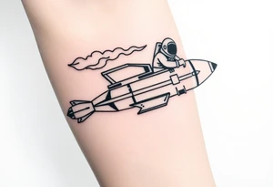 Busted Rocket ship with smoke coming out the back with astronaut riding it tattoo idea