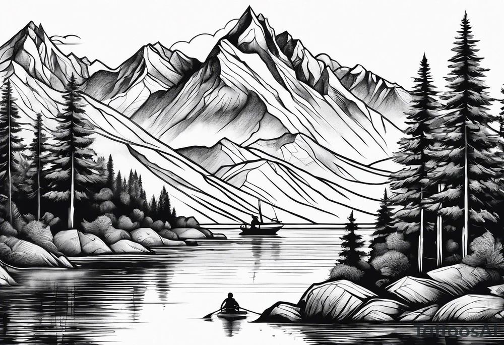 mountains and trees with lake and water skier tattoo idea