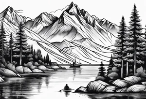 mountains and trees with lake and water skier tattoo idea
