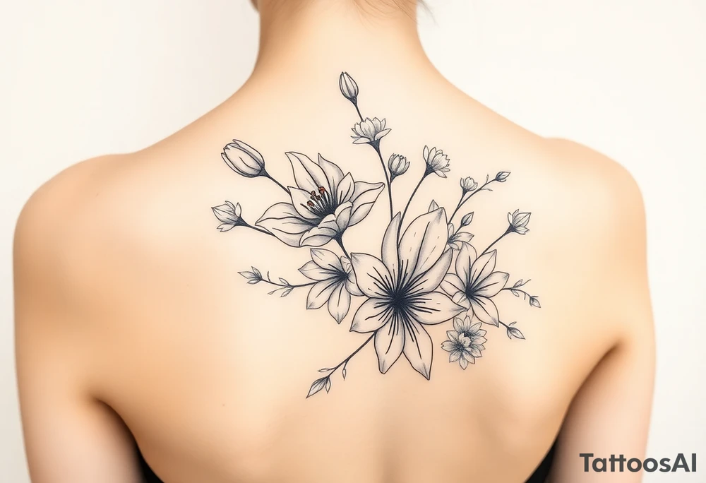 botanical tattoo with flowers such as tulips and lilies and cherry blossoms on the upper arm tattoo idea