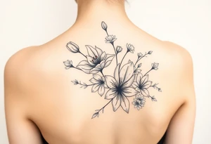 botanical tattoo with flowers such as tulips and lilies and cherry blossoms on the upper arm tattoo idea