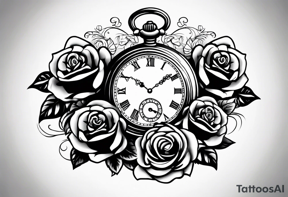 Pocket watch with train and roses tattoo idea