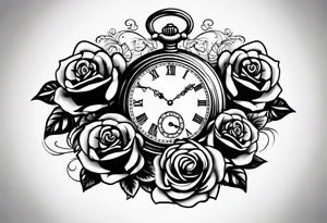 Pocket watch with train and roses tattoo idea