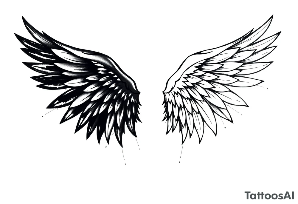 the wings go up

This tattoo design features a pair symmetrical angel wings drawn in black ink with a rough, sketch-like style. The left wing is darker, more defined, and appears denser, while the right wing is lighter, more delicate, and fragmented, creating a contrast between the two. The feathers are sharp and irregular, with fine lines and stray strokes extending outward, adding a raw and artistic feel. The overall look is dynamic and slightly chaotic, giving the impression of movement or an unfinished, ethereal form. This design symbolizes duality, freedom, transformation, or even struggle, making it a meaningful and visually striking tattoo. tattoo idea
