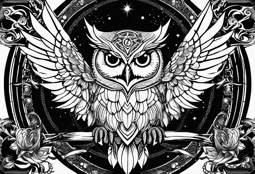 the demonic prince stolas of the ars goethia, who looks like an owl and is obssesed whit astronomy, magic, astrology and gems, with his sigil of invocation containing the word "STOLAS" on the background tattoo idea