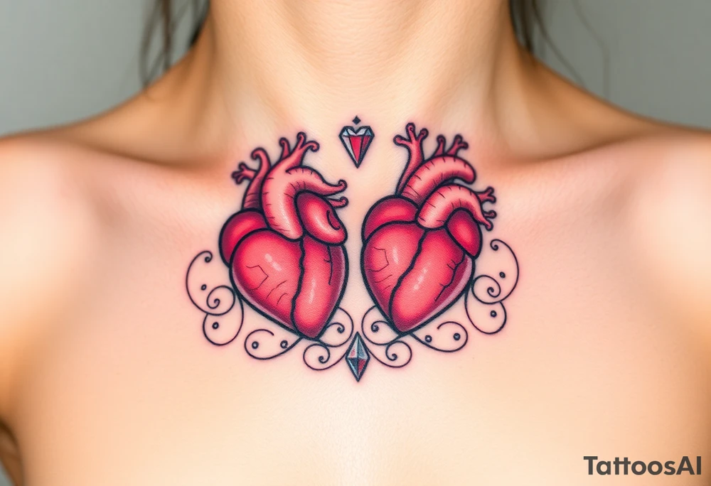 Two anatomical hearts surrounded by filigree and crystal or gem accents tattoo idea