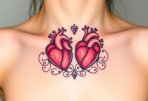 Two anatomical hearts surrounded by filigree and crystal or gem accents tattoo idea