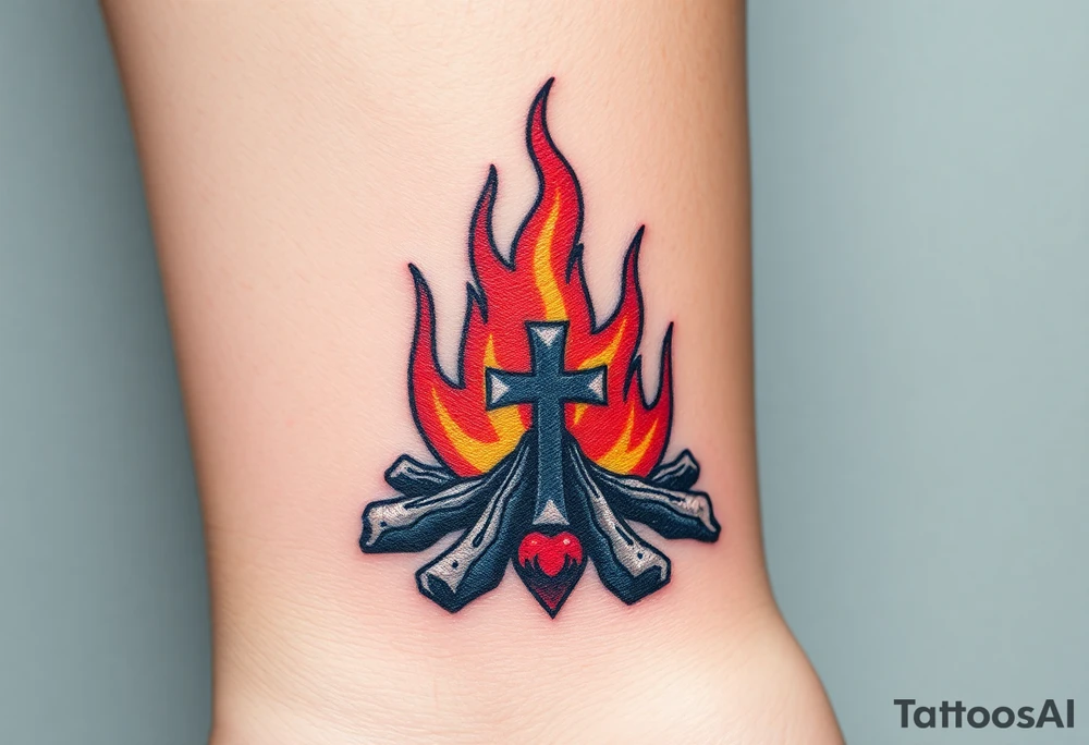 Campfire with cross hidden in the flames with nod to camping tattoo idea