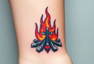 Campfire with cross hidden in the flames with nod to camping tattoo idea