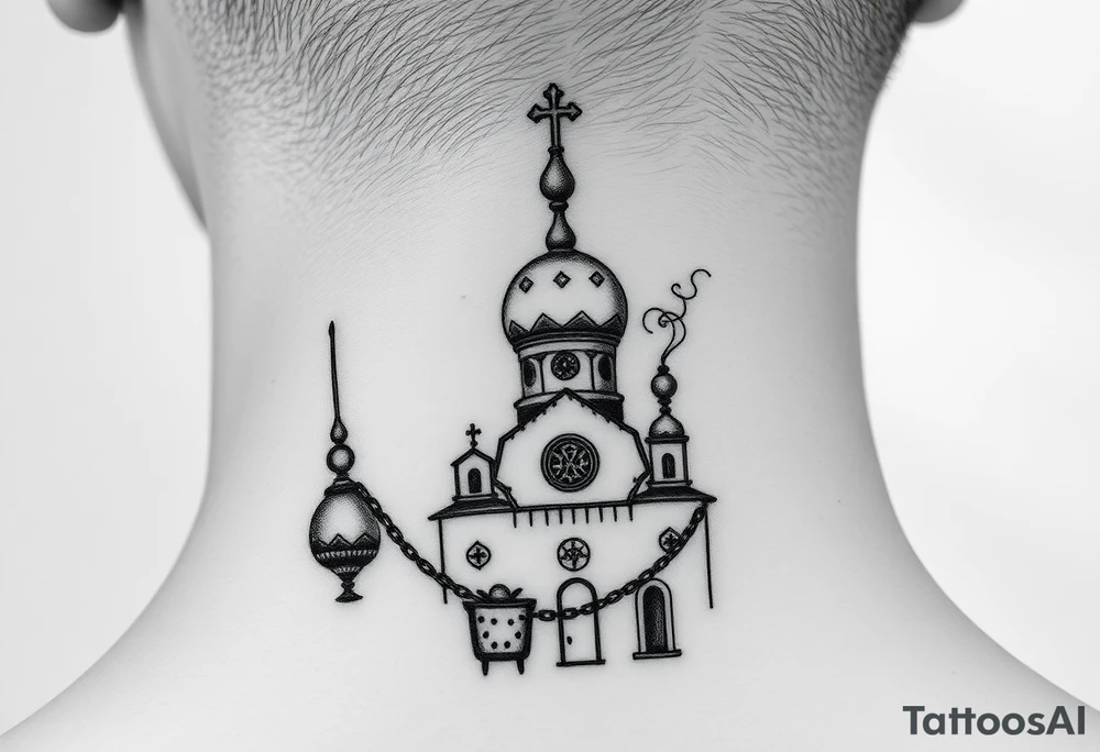 russian orthodox thurible chains with incense burning outside a russian orthodox domes church tattoo idea