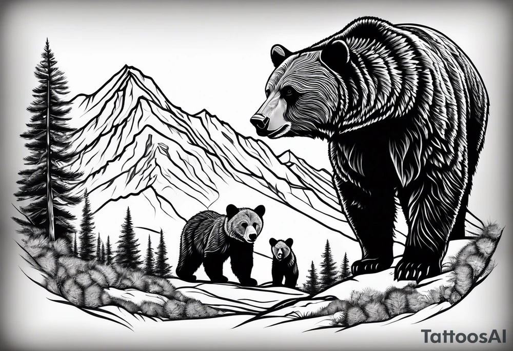 mamma bear and cub with mountains tattoo idea