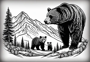 mamma bear and cub with mountains tattoo idea
