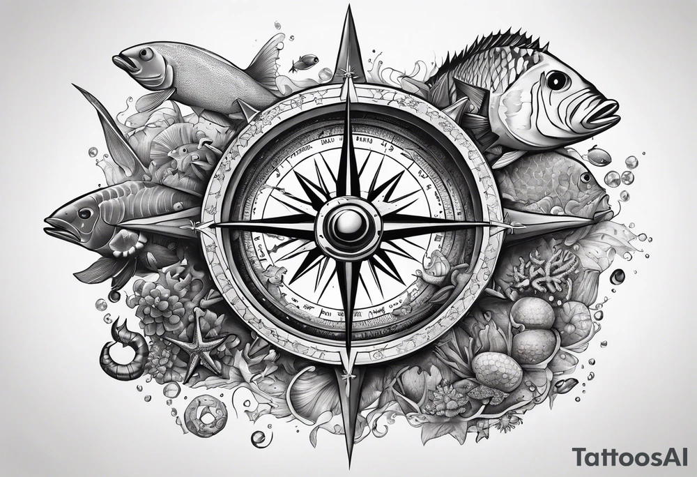 Pirate compass covered in barnacles, starfish and fish tattoo idea