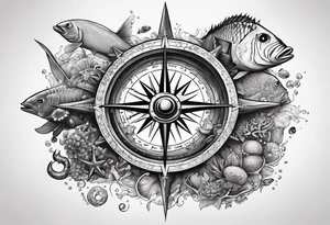 Pirate compass covered in barnacles, starfish and fish tattoo idea