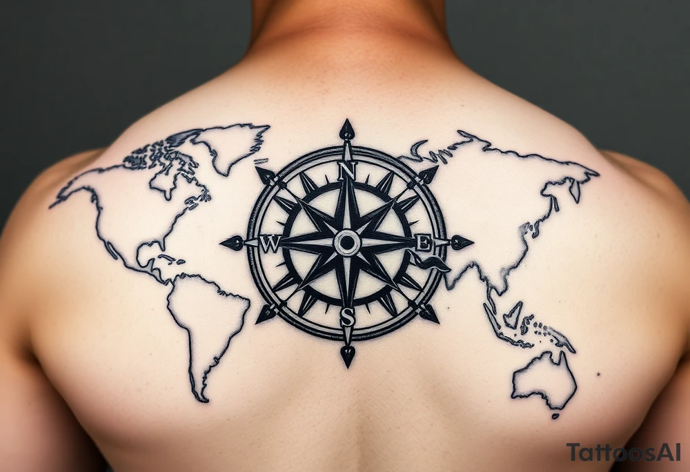 Antique compass rose overlaid on weathered world map with sailing ships ...