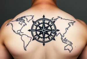antique compass rose overlaid on weathered world map with sailing ships tattoo idea