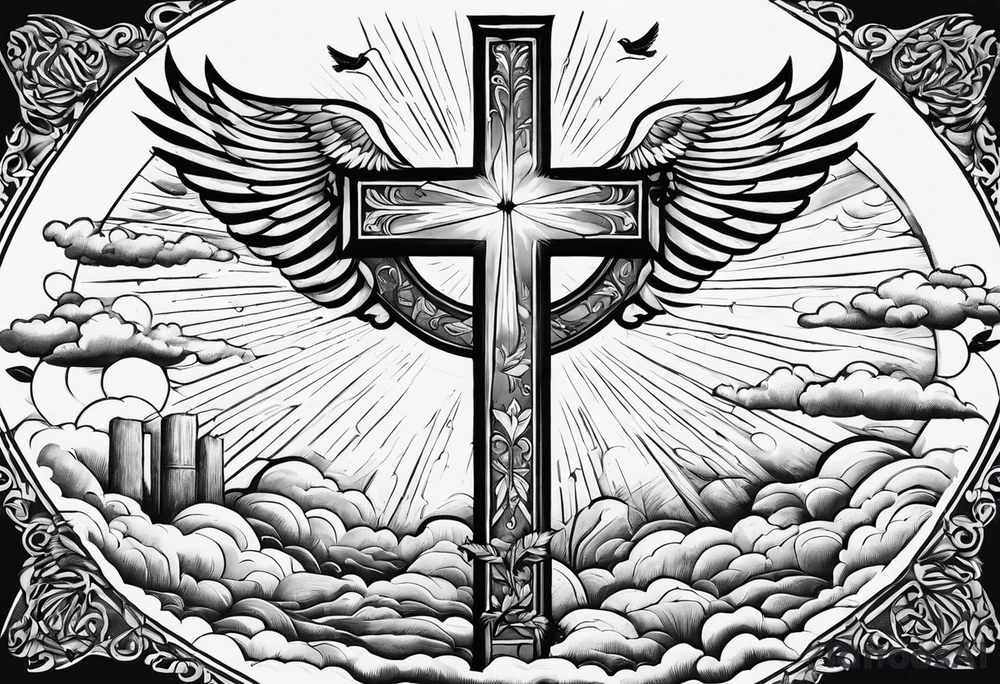 A Cross with doves in the rays of sun with the date 08/21/2024 in Roman numerals in it tattoo idea
