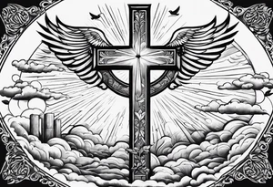 A Cross with doves in the rays of sun with the date 08/21/2024 in Roman numerals in it tattoo idea
