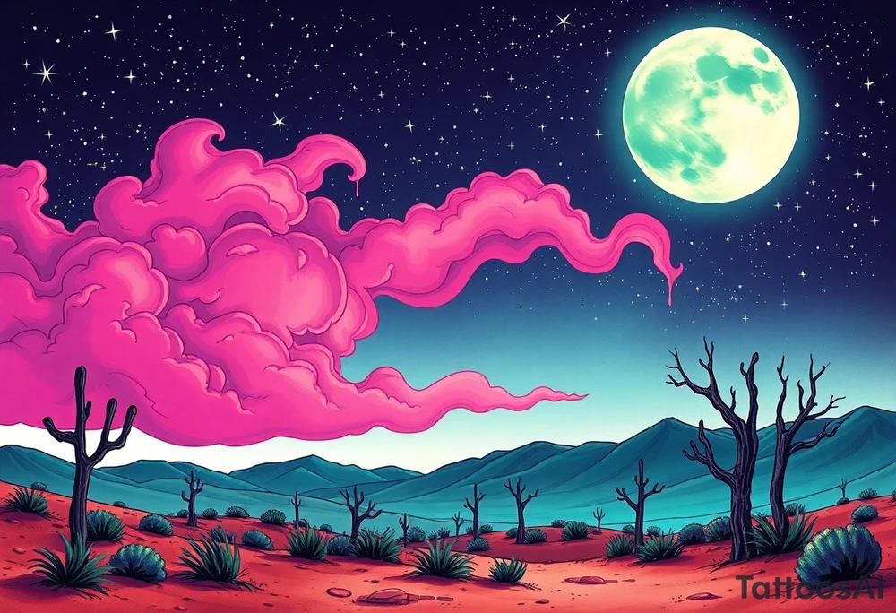 Tim Burton’s nevada new mexico desert  and dripping with muted reds, dusty pinks, and eerie green glow purple and cyan smokey clouds swirl and dance in the moonlit night sky filled with twinkling stars  tattoo idea tattoo idea