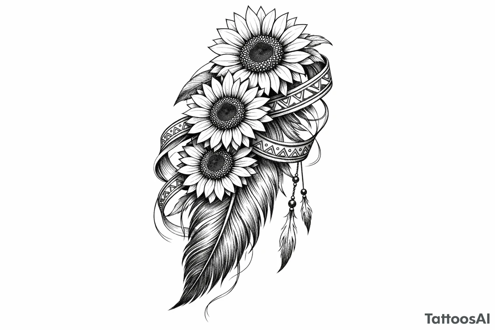3 cascading Sunflowers on top of an Indian feather all wrapped in Indian ribbon tattoo idea