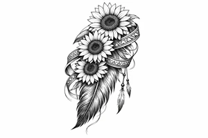 3 cascading Sunflowers on top of an Indian feather all wrapped in Indian ribbon tattoo idea