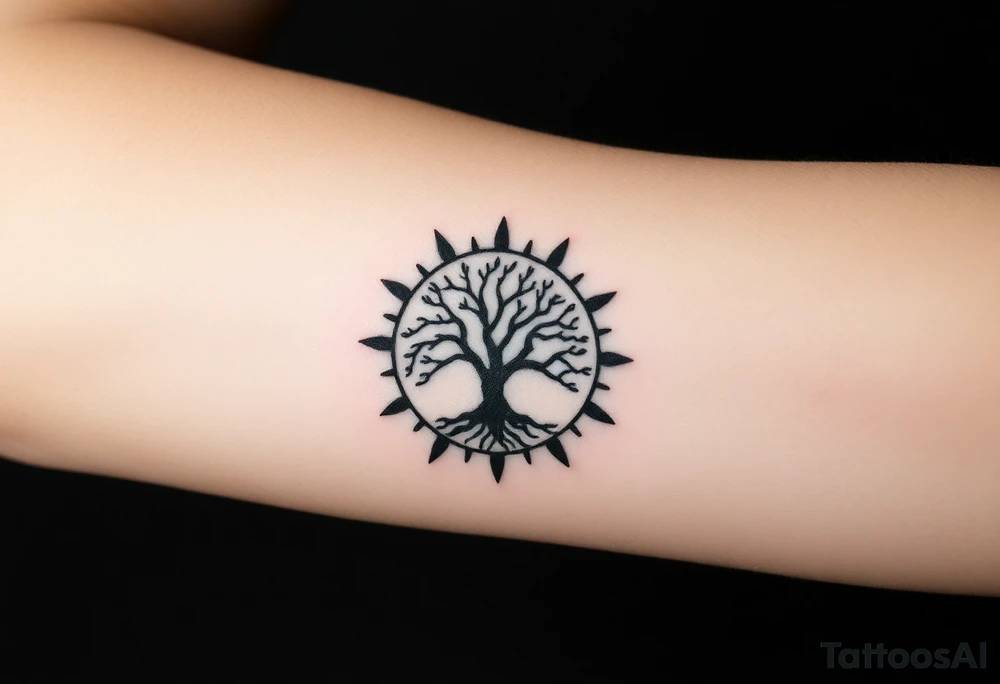 Tree inside of a spiral sun tattoo idea