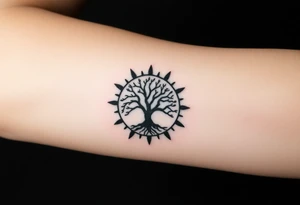 Tree inside of a spiral sun tattoo idea