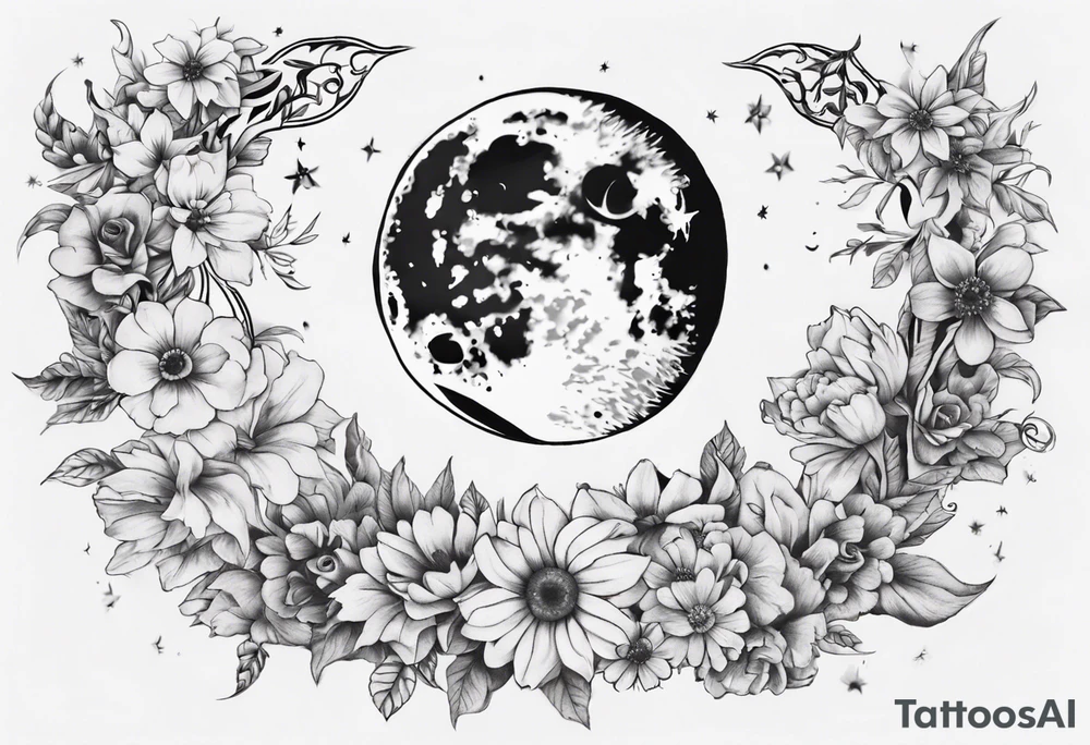 moon with flowers around it tattoo idea
