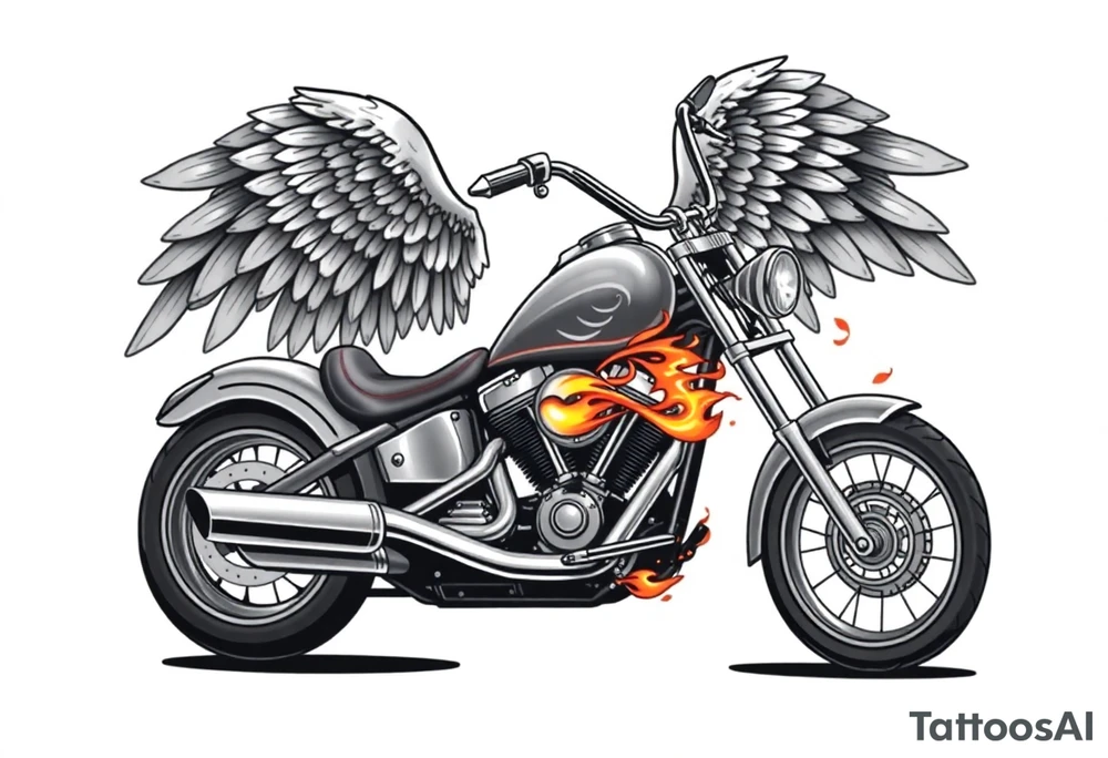Low rider grey motorcycle, big muffler pipes with flames, angel wings, driving away, no person tattoo idea