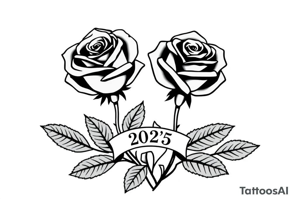 two beautiful large rose buds, one larger than the other, with many leaves next to the rose buds, with one sitting higher than the other. Include a banner connecting the two roses with the year "2025" on it.   Use dark outlines with little shading. The two stems should be short, not long, and connect and join into one stem, whimsically curved or twisted - not straight down. tattoo idea